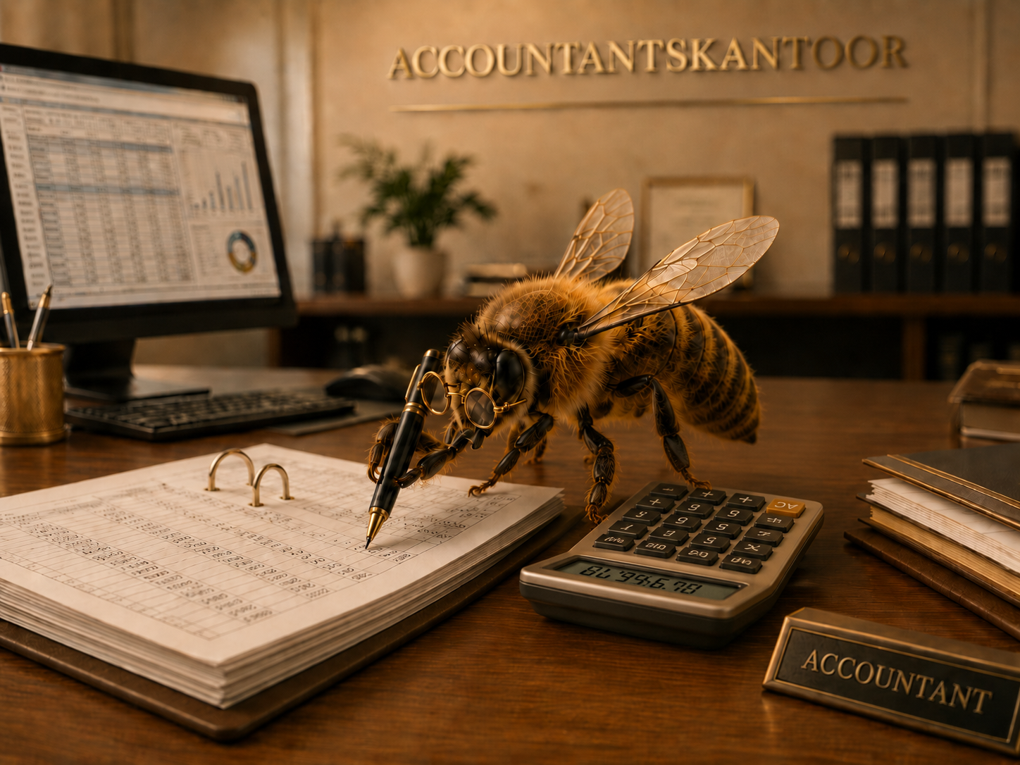 Een bij met bril en pen aan het werk in een accountantskantoor.