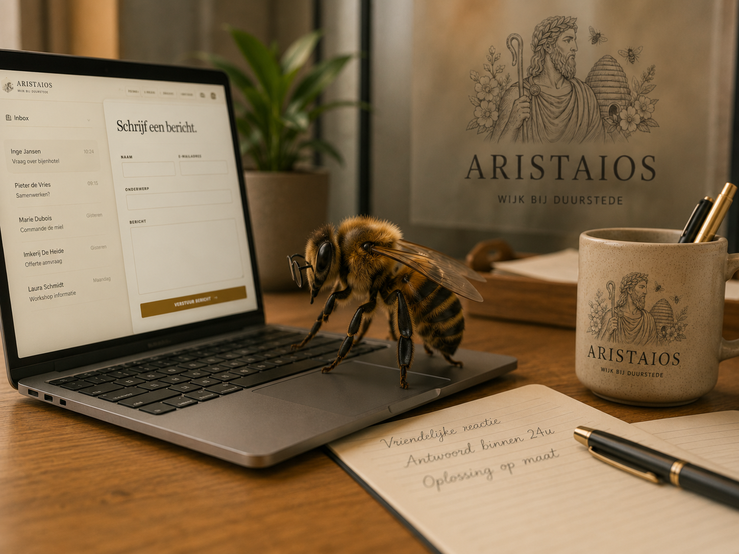 Een bij bij een laptop met een contactformulier van Aristaios.