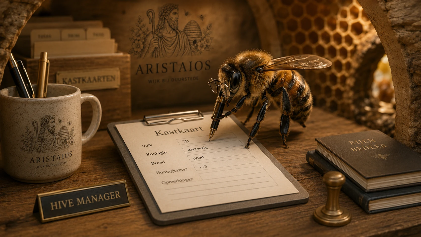 Une abeille à lunettes remplit une fiche de ruche Aristaios sur un bureau en bois.