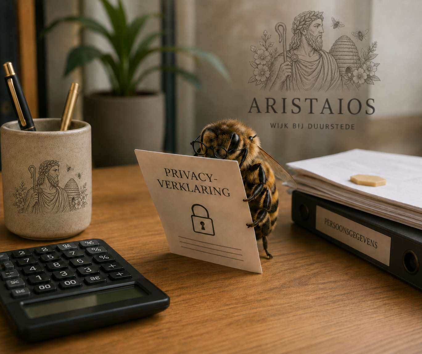 Een bij met bril leest een document over privacy en voorwaarden van Aristaios.