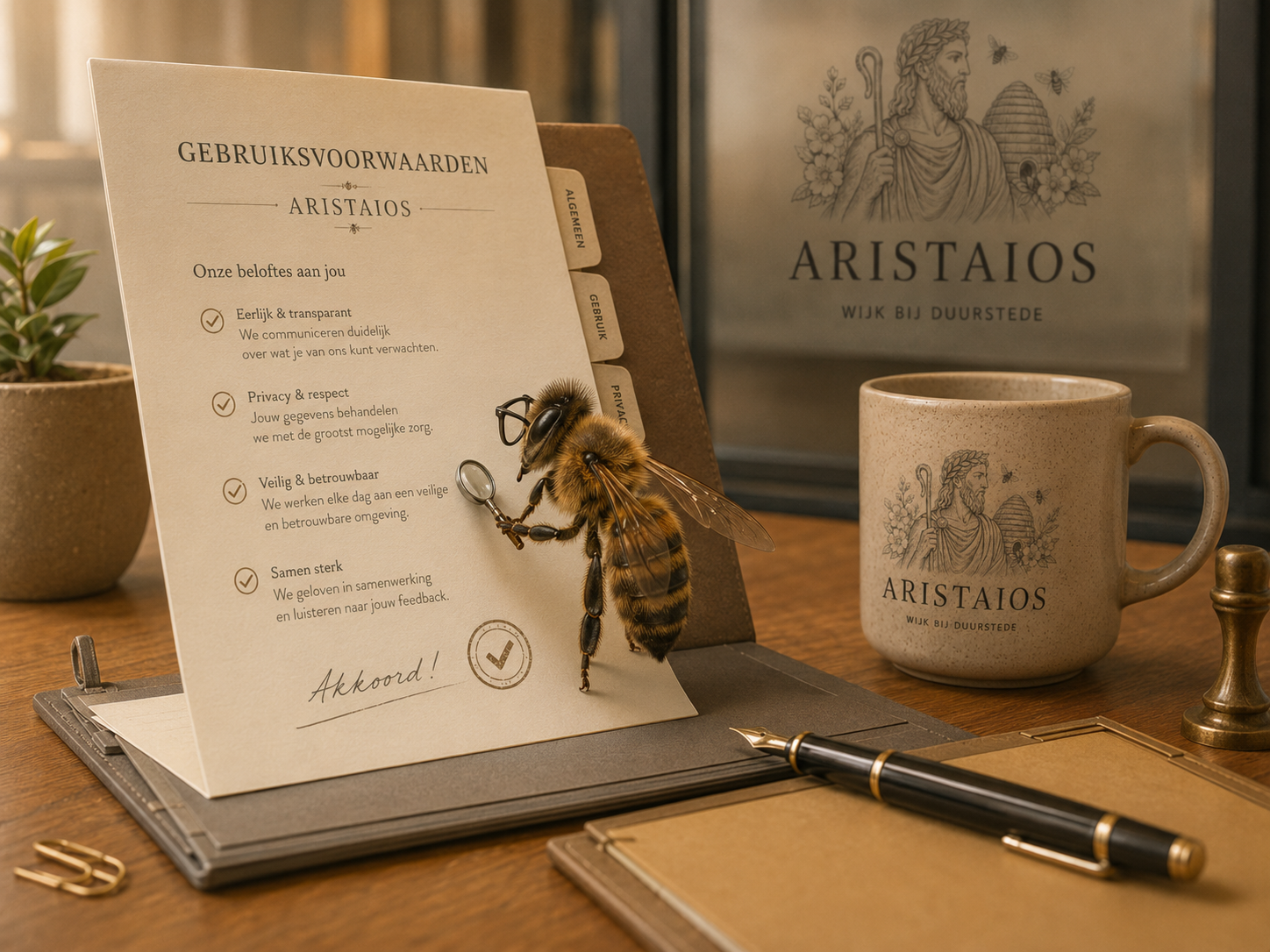 Een bij controleert de gebruiksvoorwaarden van Aristaios op een bureau.